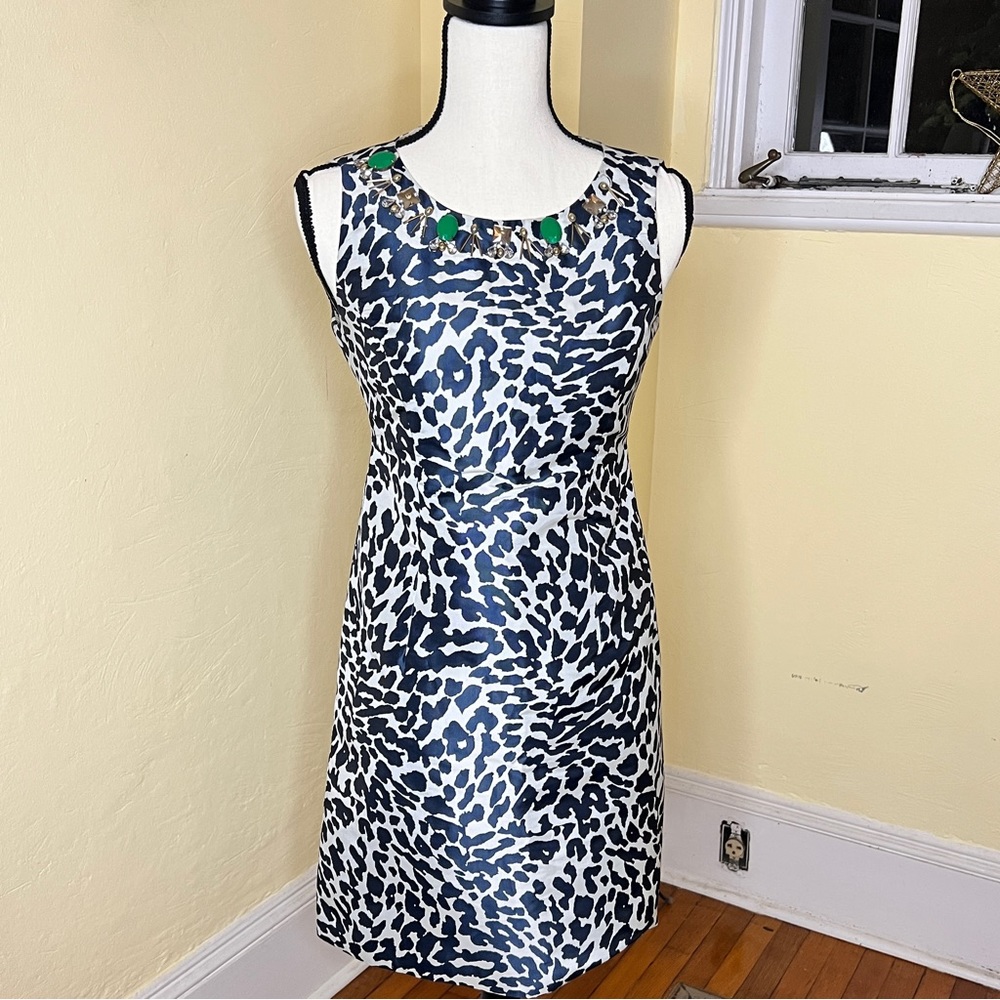 Eliza J black & white animal print, embellished mini shift dress.